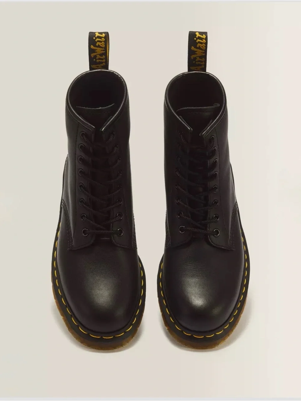 Dr. Martens Black Leather Lace-Up Combat Boots with Yellow Stitching